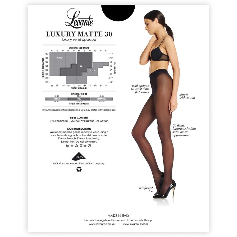 Levante Luxury Matte 30 Semi Opaque Pantyhose LUXM30TI NERO