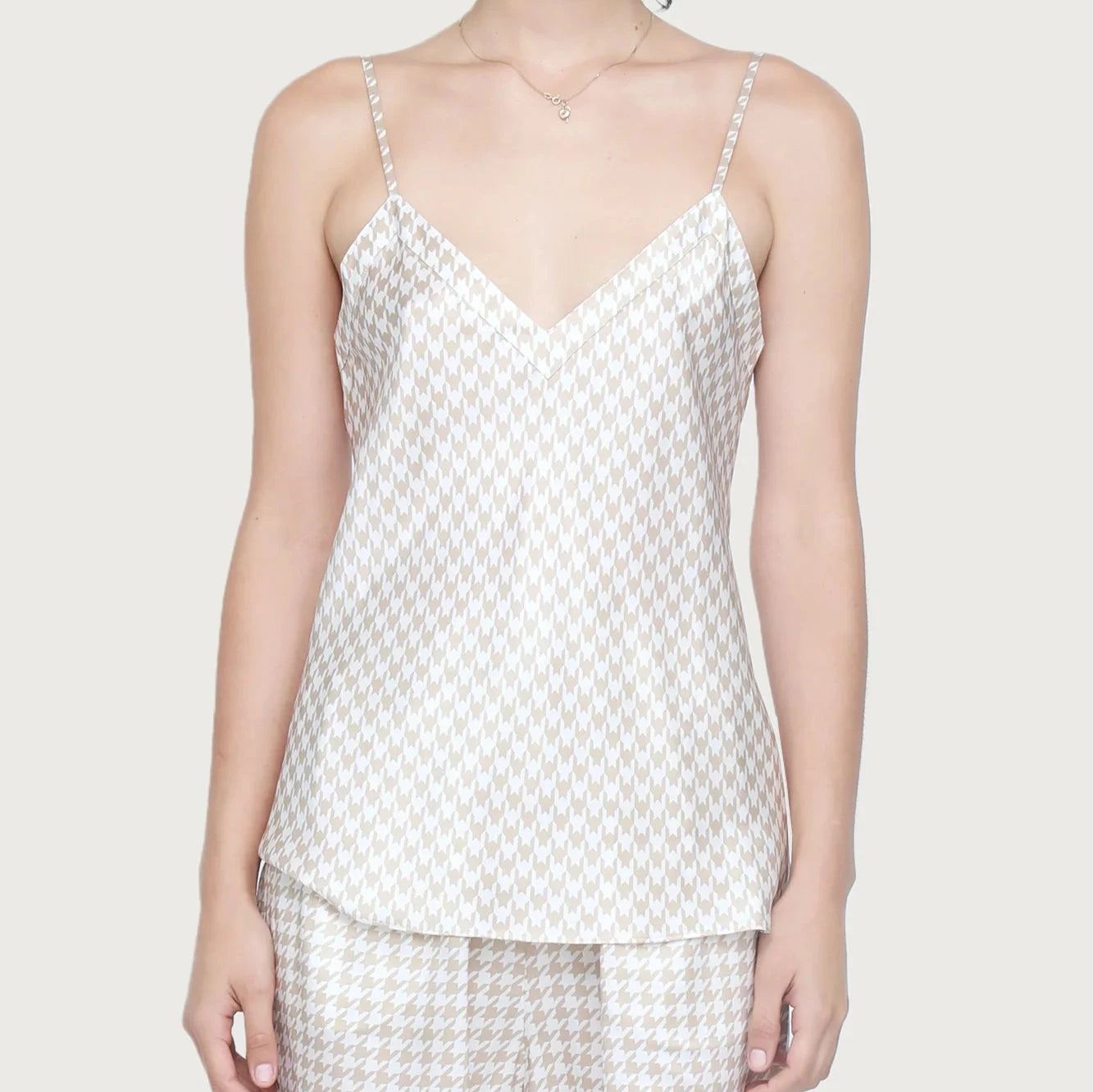 Ginia Silk V Neck Camisole Mink Houndstooth