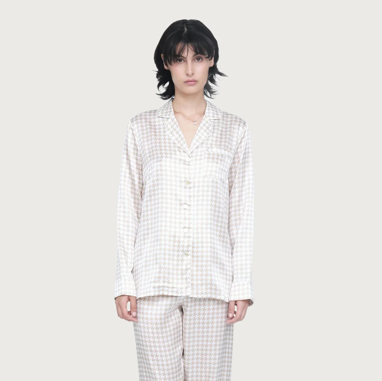 Ginia Fine Finishes Silk Pyjama Mink Houndstooth