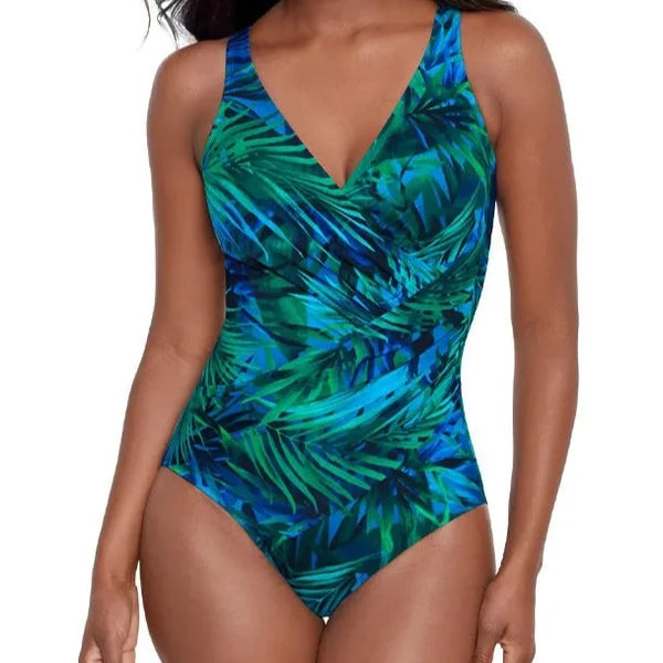 Miraclesuit Palm Reeder Oceanus V Neck One Piece Shaping Swimsuit 6558188 Blue Multi